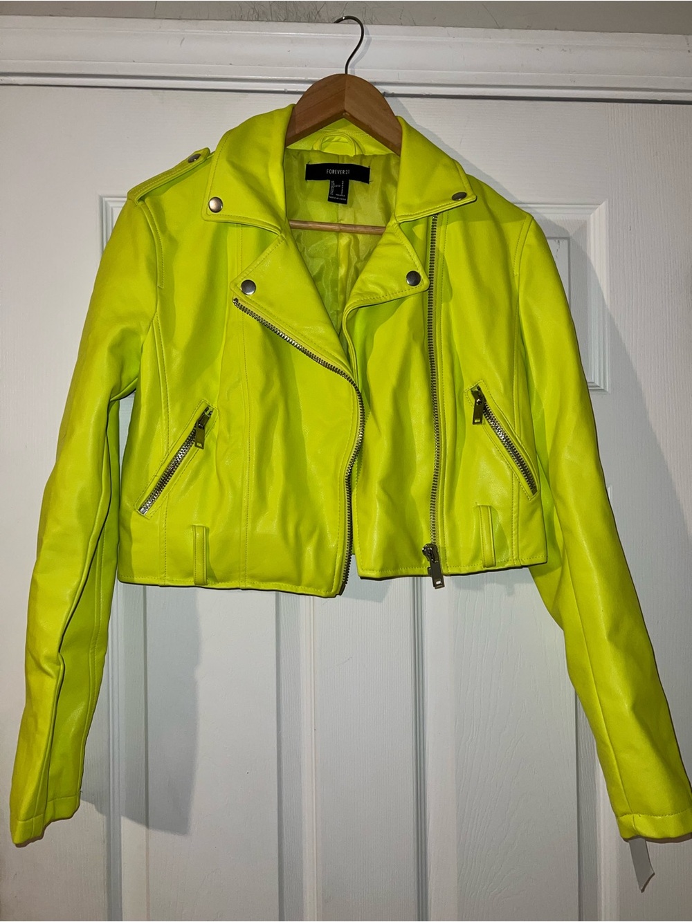 Forever 21 neon yellow faux leather biker jacket  women’s size Small
